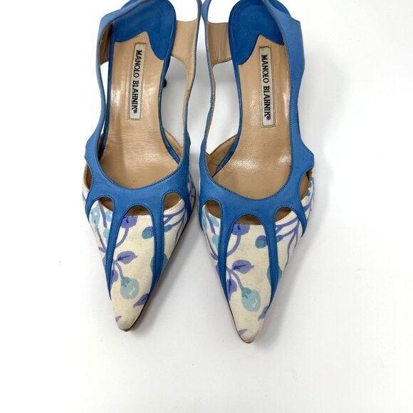 MANOLO BLAHNIK CANVAS CUTOUT ACCENT SLINGBACK PUMPS WOMENS SIZE 8.5 (38.5 EURO) - Picture 1 of 6